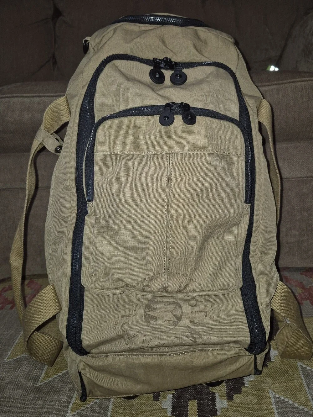 🔥RARE! Kipling Rolling Duffel Backpack Khaki Crinkled Nylon Travel Bag Large